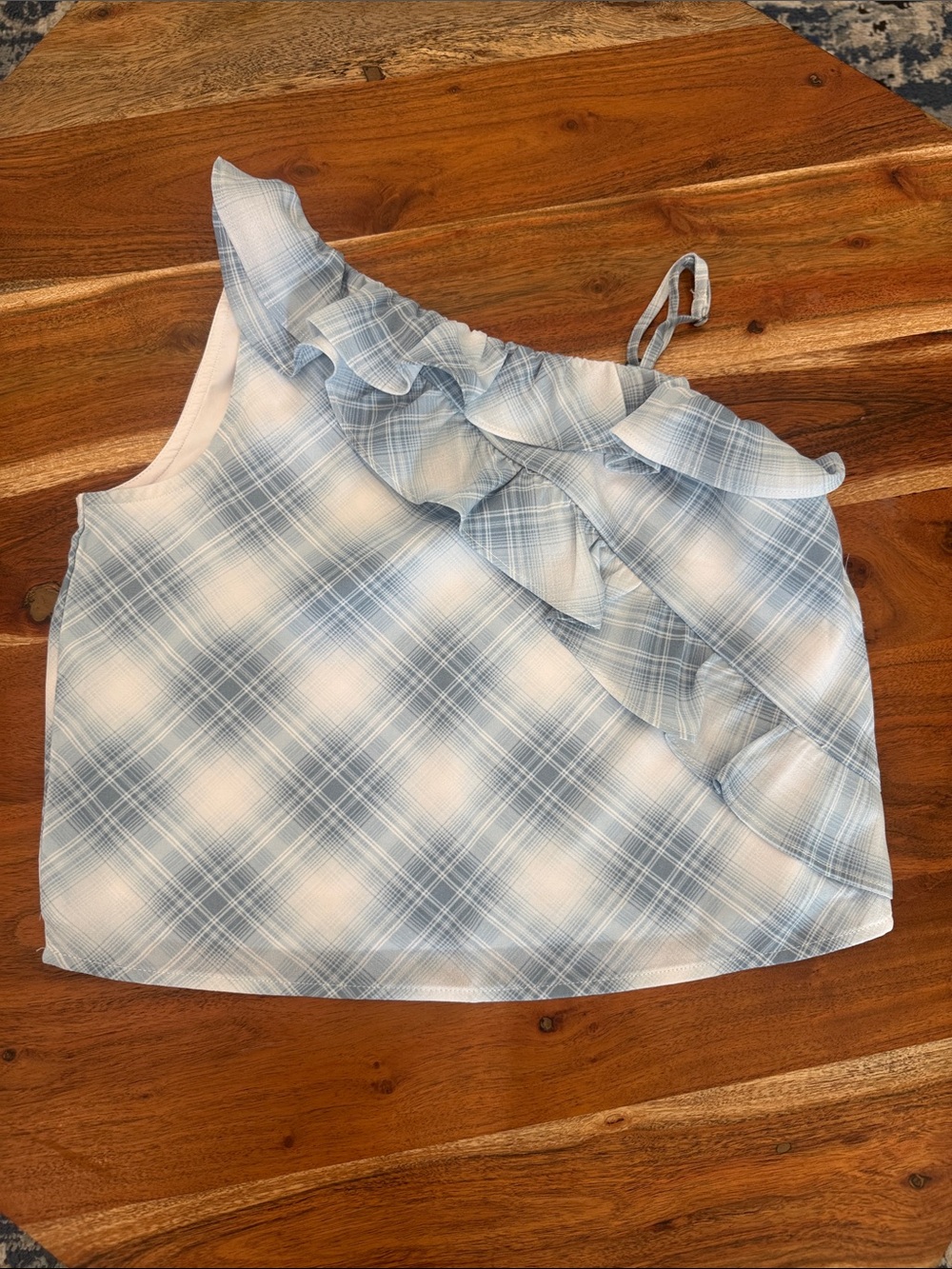 Abercrombie & Fitch Girls One-Shoulder Ruffle Plaid Top - Light Blue